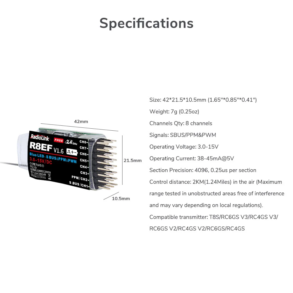 Radiolink R8EF Receiver 2.4G 8 - Receiver Sbus 8Ch 评论和价格